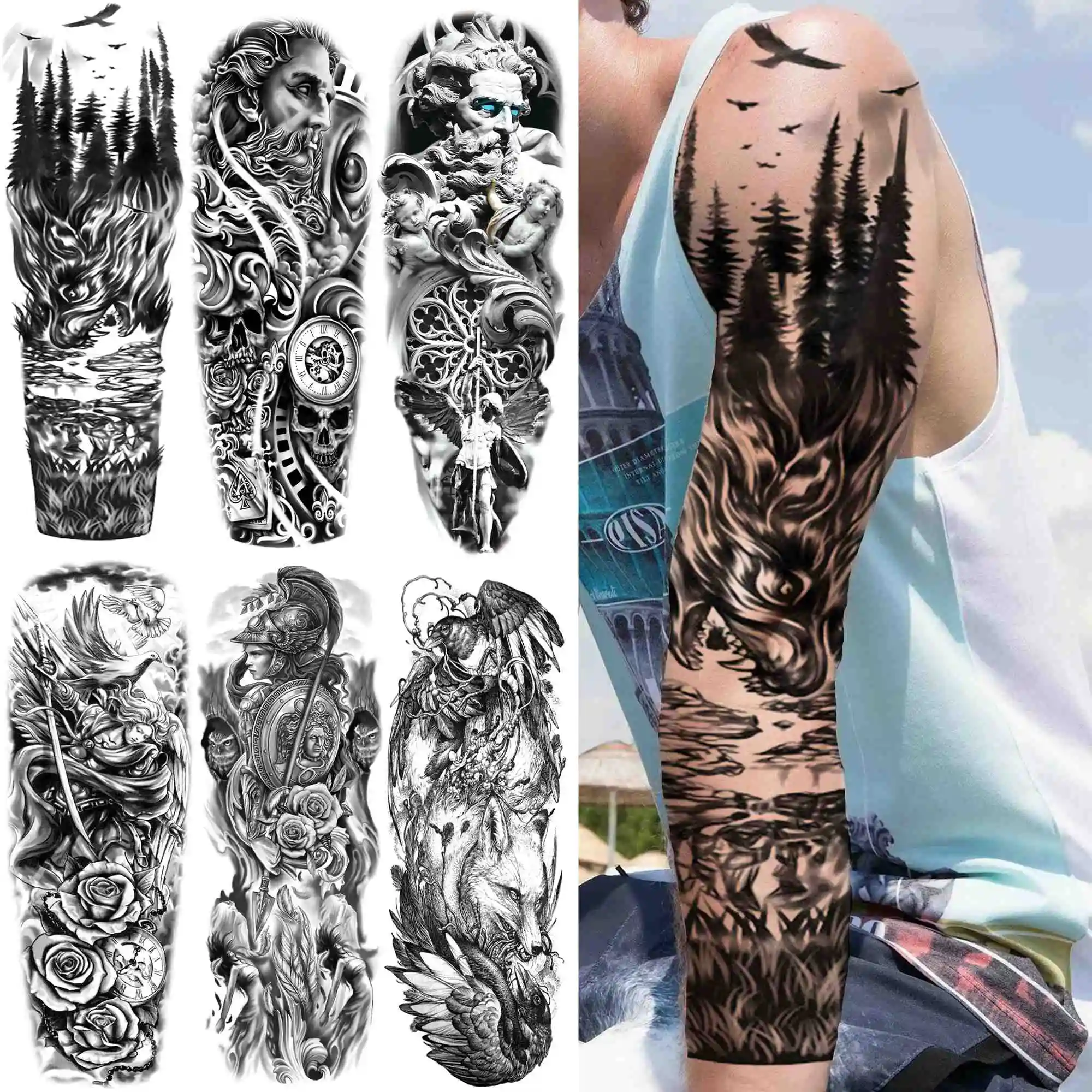 Prix Tatouage Bras Complet Homme Tatouage temporaire de forêt réaliste pour hommes et femmes, bras complet,  dieu guerrier fleur, autocollant pour manches, faux tatouage noir, offre  spéciale | AliExpress