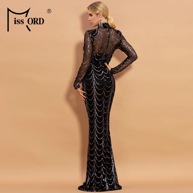 Missord Sequins See Though Women Maxi Long Evening Dresses 2021 Autumn Winter High Neck Wave Elegant Long Sleeve Party Dress 2