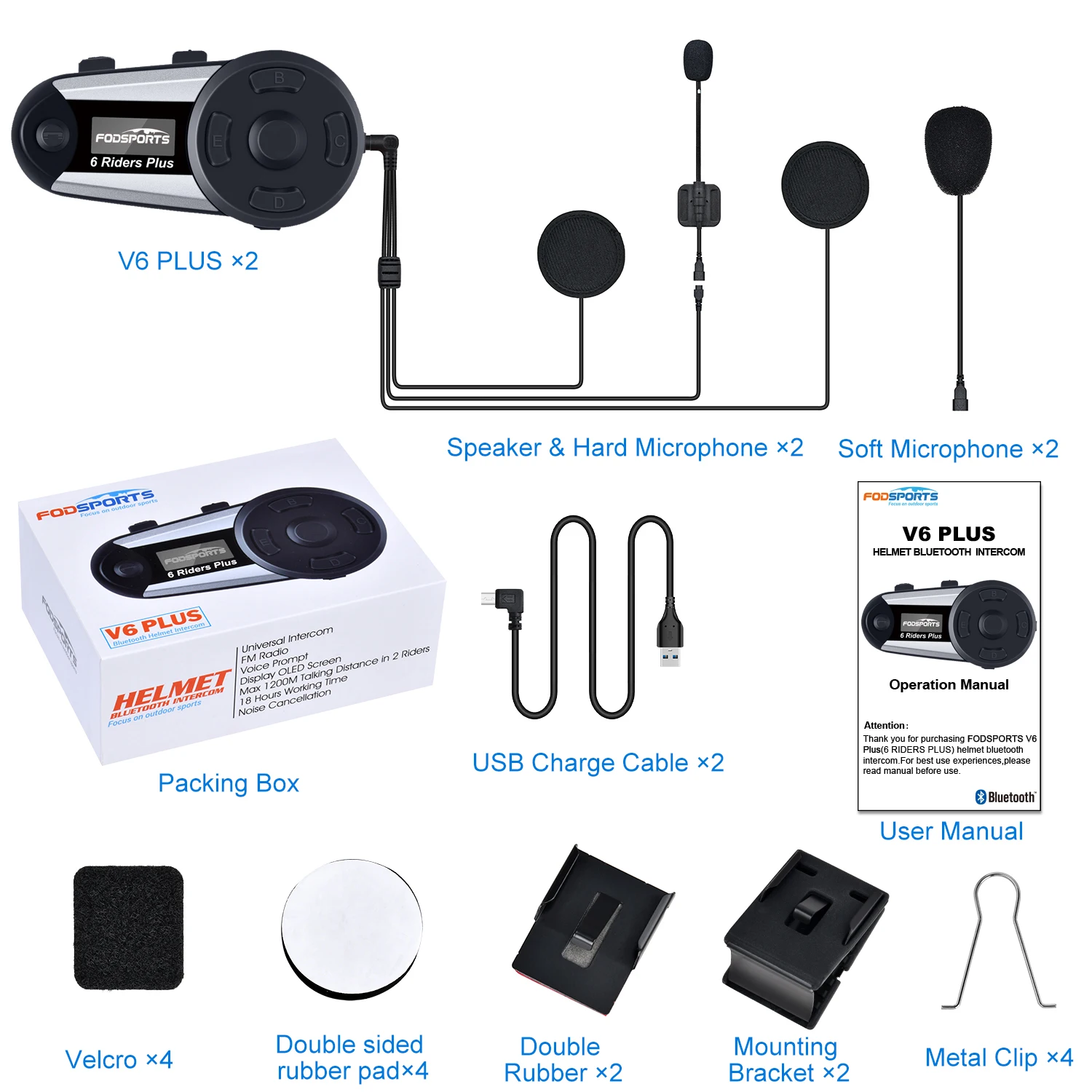 Fodsports 2pcs V6 Plus Helmet Intercom 