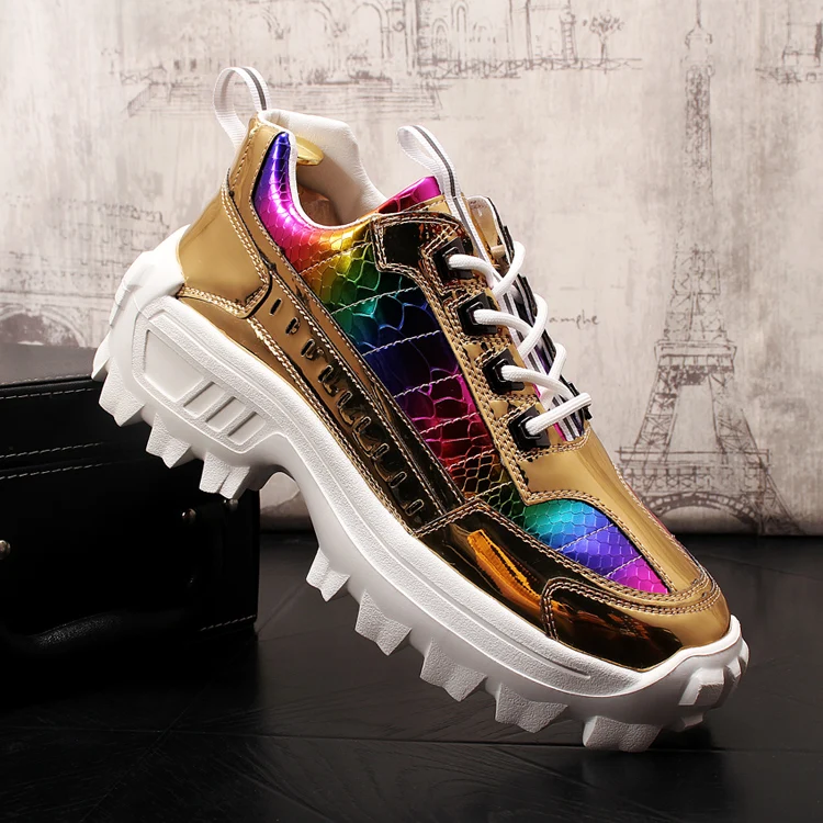 New Men Fashion Casual Shoes Autumn Bling Patent Leather Thick Bottom Sneakers Male Youth Trending Shoes for web celebrity