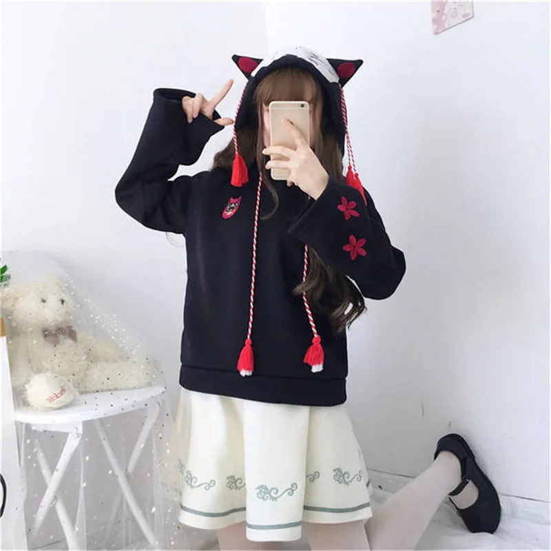 Harajuku Осенняя мода с длинным рукавом кроп Топы для женщин лиса уха толстовки с капюшоном, худи лоскутное пуловеры вышивка Толстовка