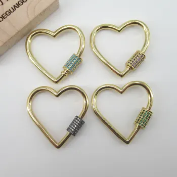 

APDGG 3PCS 30mm Colorful Gold plated Cubic Zircon CZ Micro Pave Heart Shape Clasp Pendant Necklace Bracelet Jewelry Making DIY