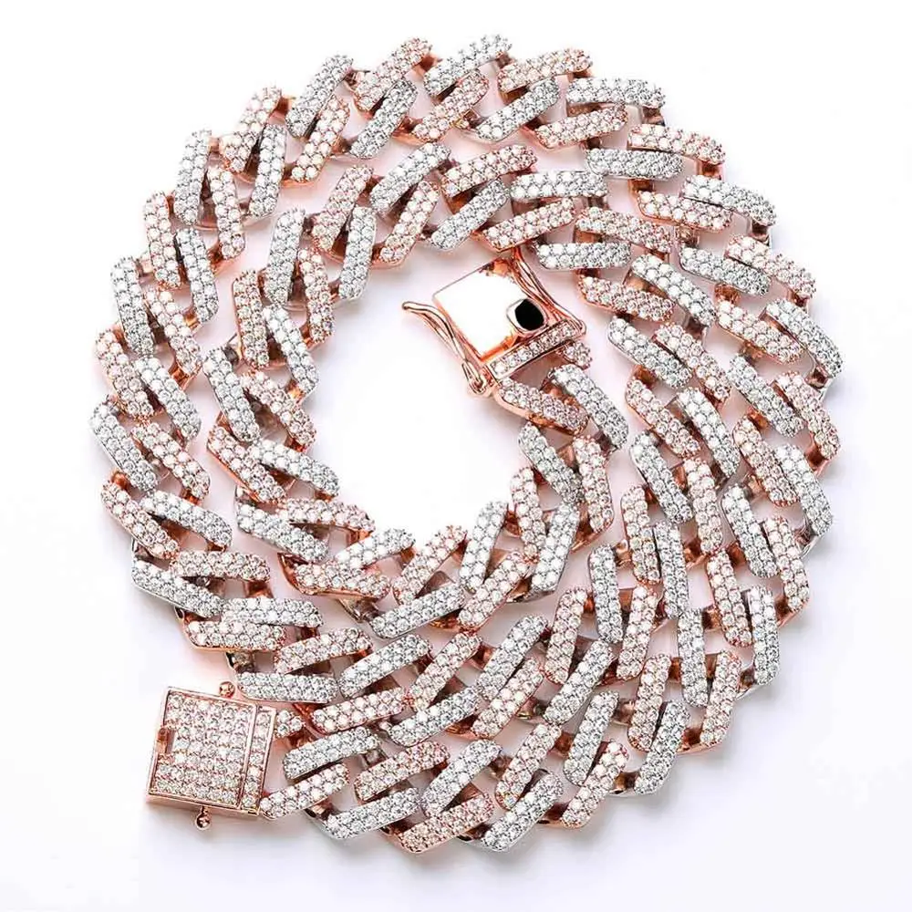 Online 14mm Miami Prong Set cubana cadenas Collar para hombres oro plata Color Hip Hop helado empedrado Bling CZ rapero collar joyería