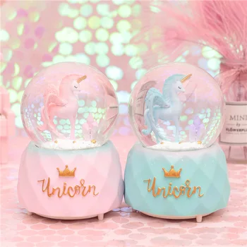 

10*15.8CM Snow lighting Crystal Globes unicorn Glass Music Box Glass Home Coffee Shop Decoration Christmas Valentine's Day Gift
