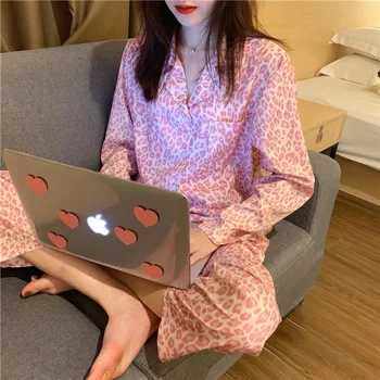 

Women's Pajamas Set Leopard Printing Sexy 2 Pcs Pajamas Set Long Sleeve Home ClothesThin Female Sleepwear pijamas Home Service