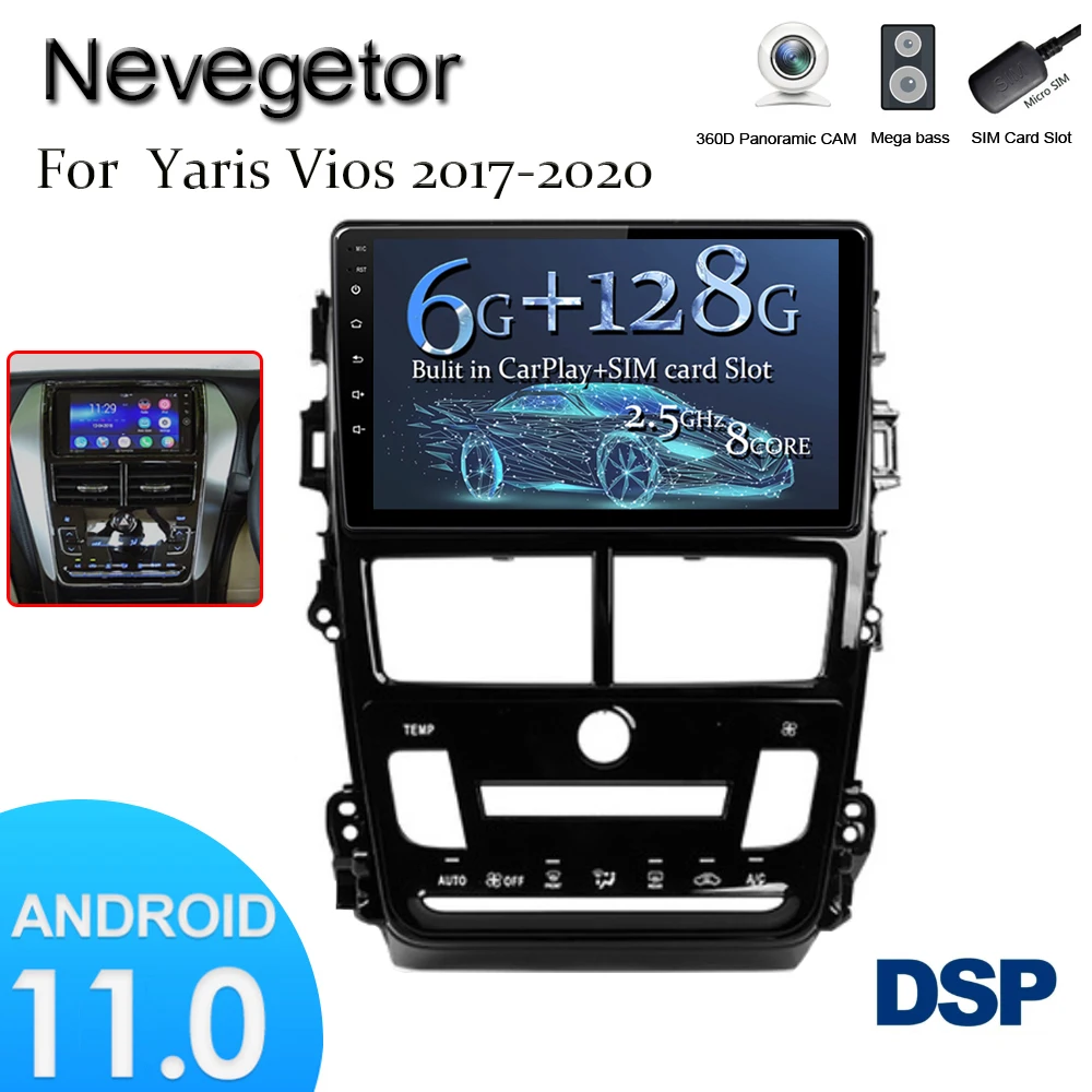 Автомобильный мультимедийный плеер 9 дюймов 2 Din Android 11 для Toyota Vios Yaris 2018 2019 2020