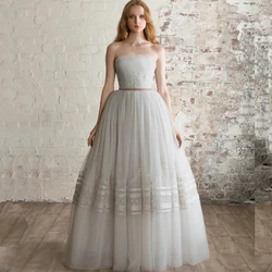 Fivsole Elegant Strapless Long Tulle Prom Dresses Lace Appliques Embroidery A-Line Wedding Party Dress Backless Evening Gown