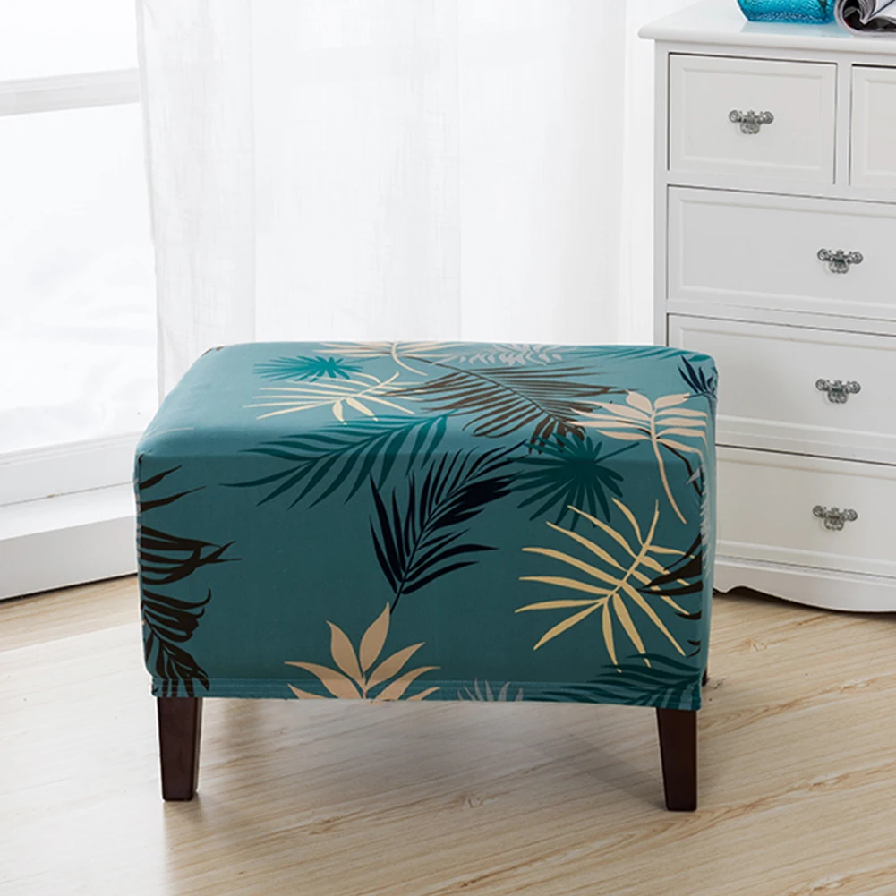 

Seat Soft Protective Removable Decoration Bar Leaves Printed Square Stool Dustproof Home Chair Cover Anti Slip Elastic Polyester