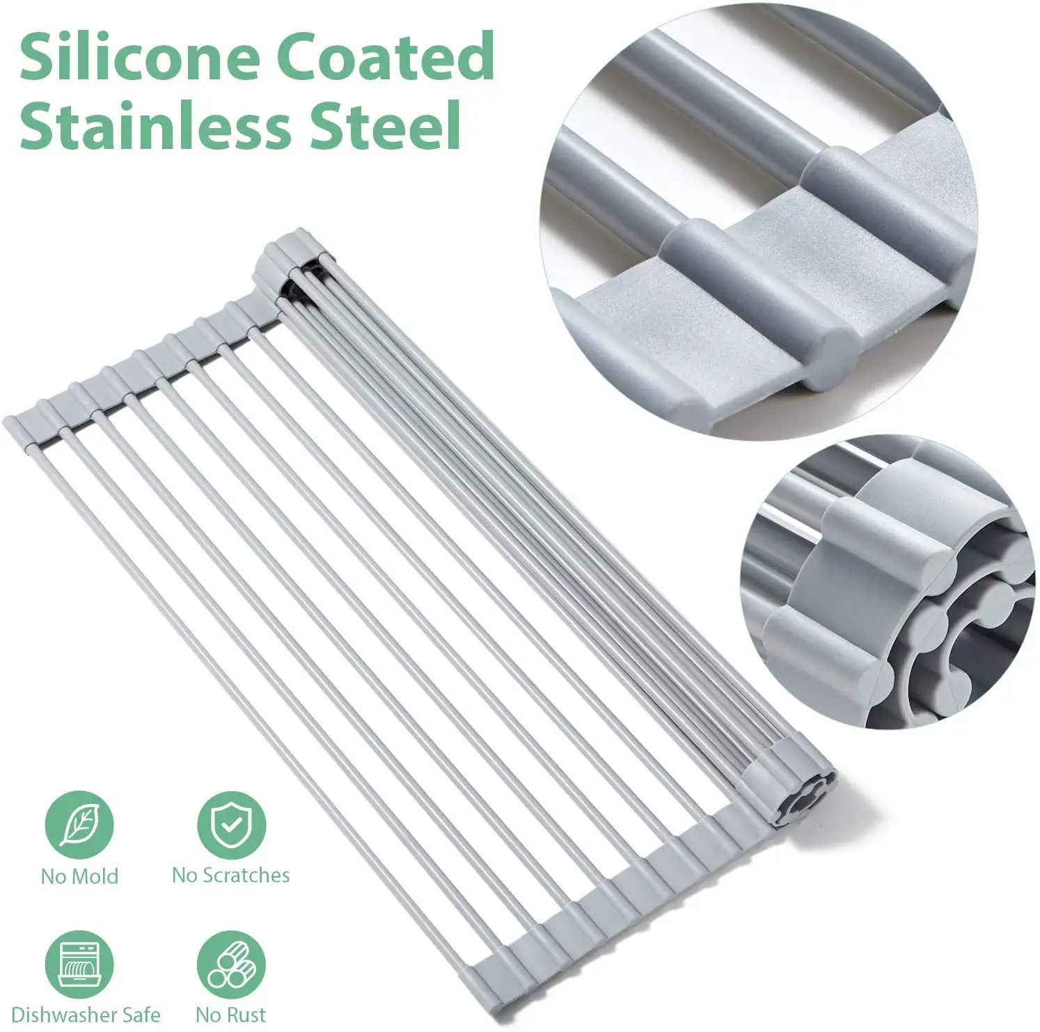 

Roll up Dish Drying Rack Stainless Steel Silicone Dish Drying Mat Over Sink Foldable Drain Rack Multipurpose Dish Drainer