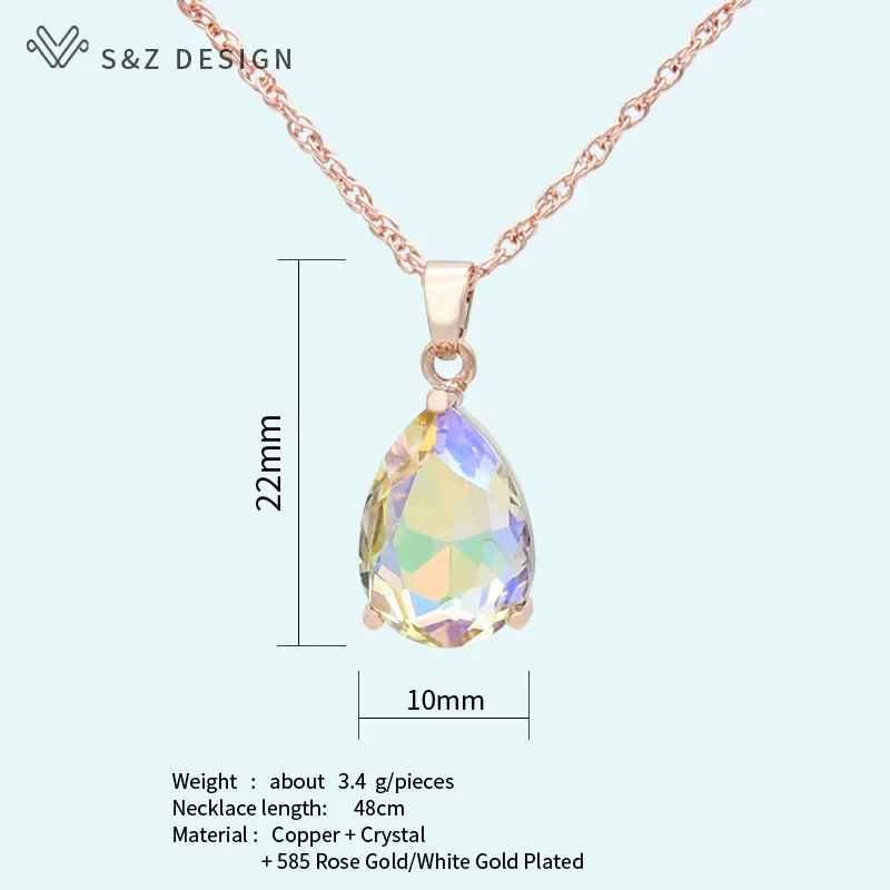 S&Z DESIGN New Fashion Water Drop Crystal Pendant Necklace For Women Wedding Party Fashion 585 Rose Gold Color Jewelry