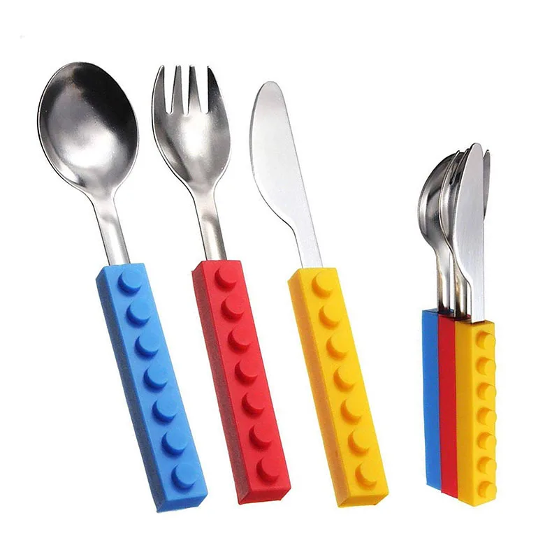 

Creative Children's Building Block Knife Fork Spoon Silicone Handle Stainless Steel Western Tableware 3 pieces set portable