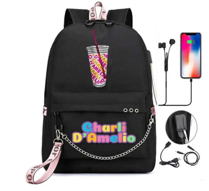 Рюкзак Charli Damelio для подростков школьный ранец мальчиков и девочек с USB-зарядкой
