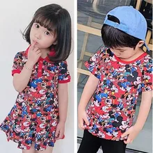 Детская летняя одежда футболка с короткими рукавами и Микки для мальчиков и девочек платье с Микки Маусом для девочек детская одежда с рисунком для детей от 3 до 7 лет