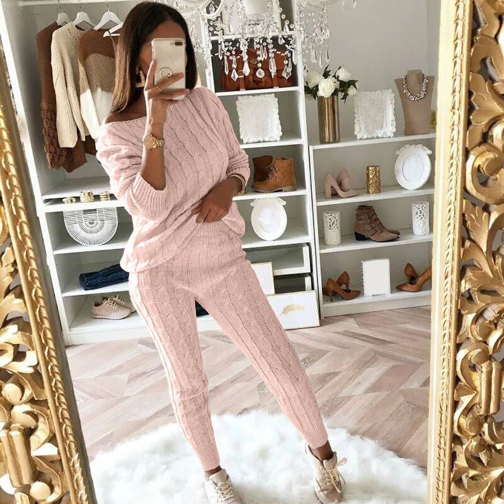 Womens Ladies Solid Off Shoulder Cable Knitted Warm Loungewear Suit Set autumn sweater women sweater woman winter plaid#g3