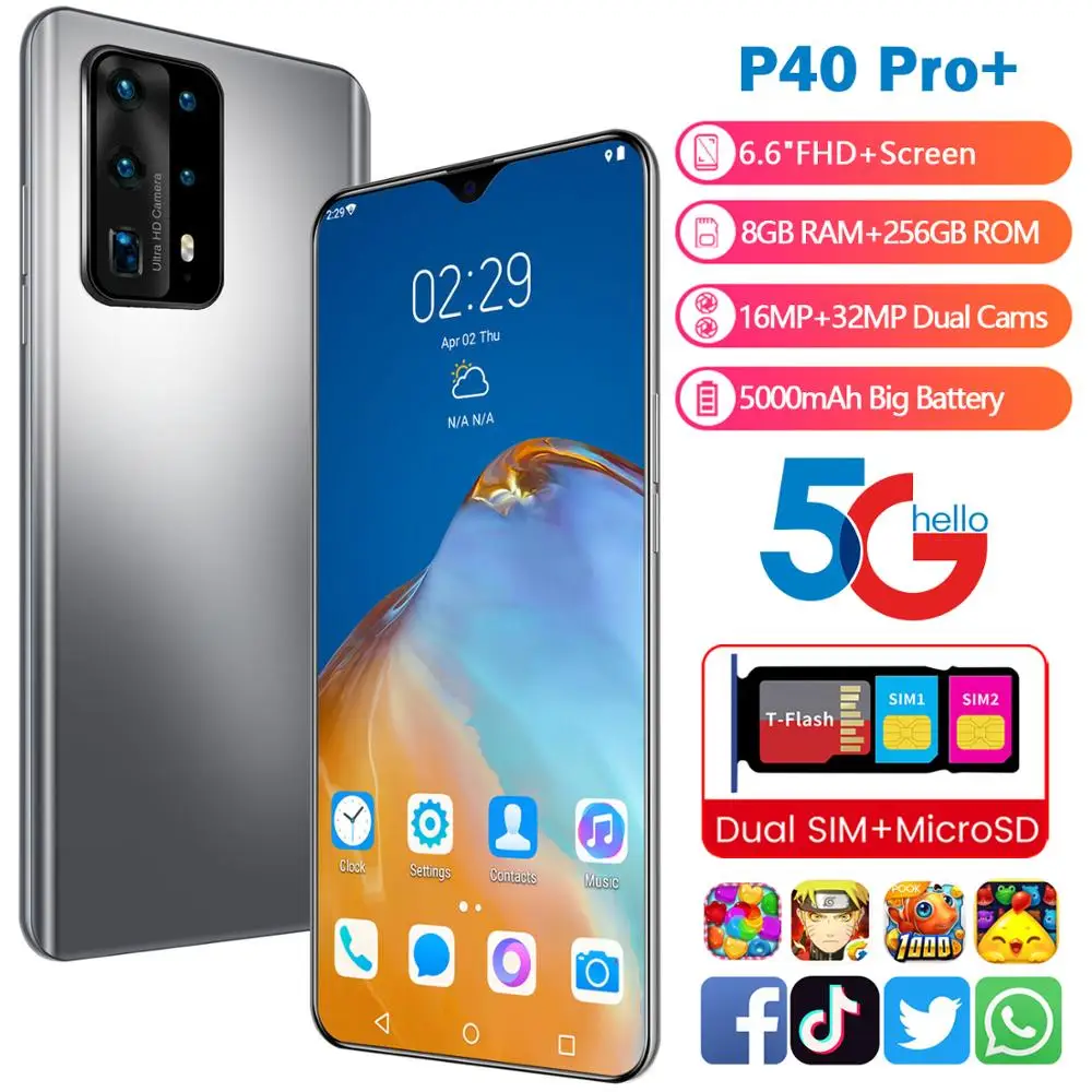 Nouveau Smartphone P40 Pro + Android 8GB RAM 256GB ROM 5000mAh Deca Core CPU Huawe I téléphone portable en Stock 6.6