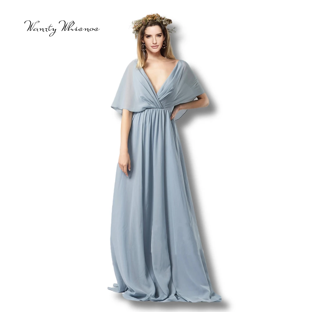 

In Stock New Arrival 2020 Sexy Long Evening Dresses Deep V Neck Sky Blue Sleeveless Chiffon Gown Prom Party Dress