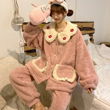 Winter Flannel Pijama Set Women Pink Coral Velvet Pajamas Thick Floral Sleepwear Plants Kawaii Nightwear Teen Girls Lounge Wear