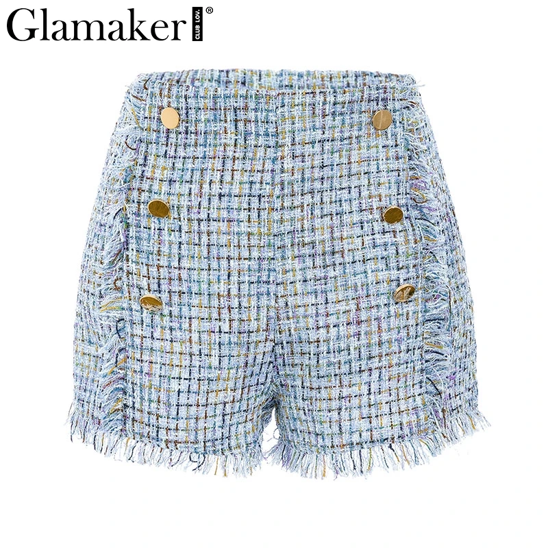 Glamaker, элегантные твидовые шорты с высокой талией, женские офисные клетчатые шорты с бахромой, винтажные сексуальные повседневные женские стильные шорты