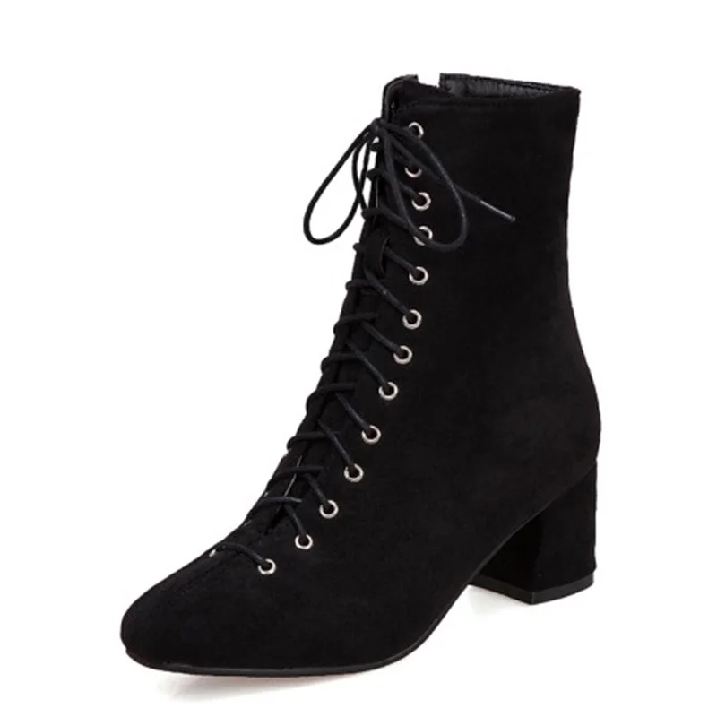 

KALENMOS Plus Size 34-45 Women Boots Hoof Heels Suede Party Boots Black Office Lady Heels Lace Up Mid Calf Boots Women Footwear