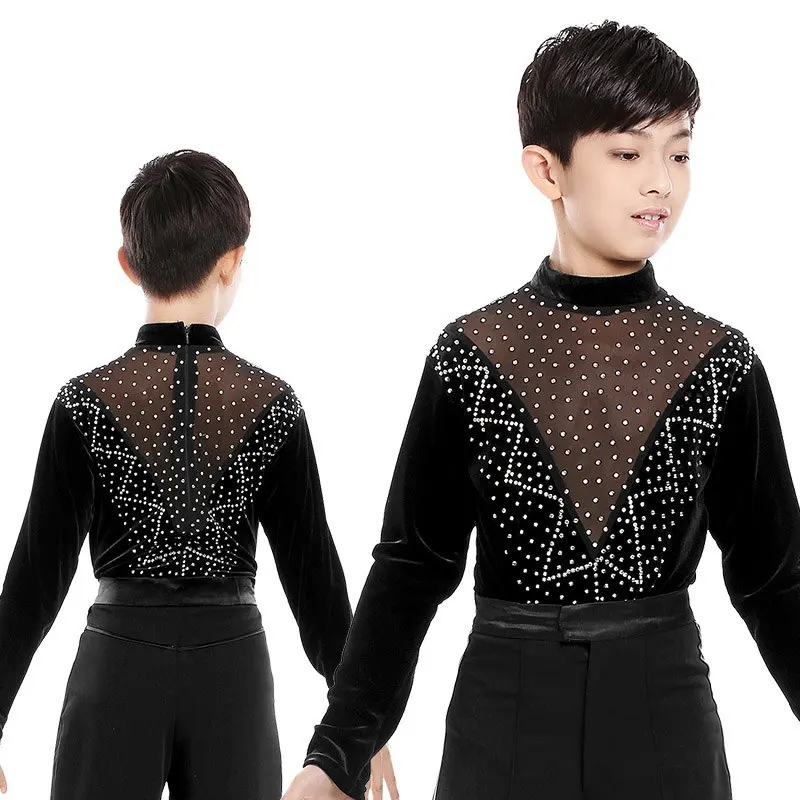 

High Neck Mesh&Velvet Latin Competition Dance Costumes Boys Tango Samba Modern Ballroom Latin Shirts For Kids