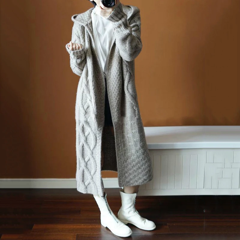 Осенний зимний женский толстый вязаный кардиган с капюшоном, длинное пальто, свитер, пальто с большим именем