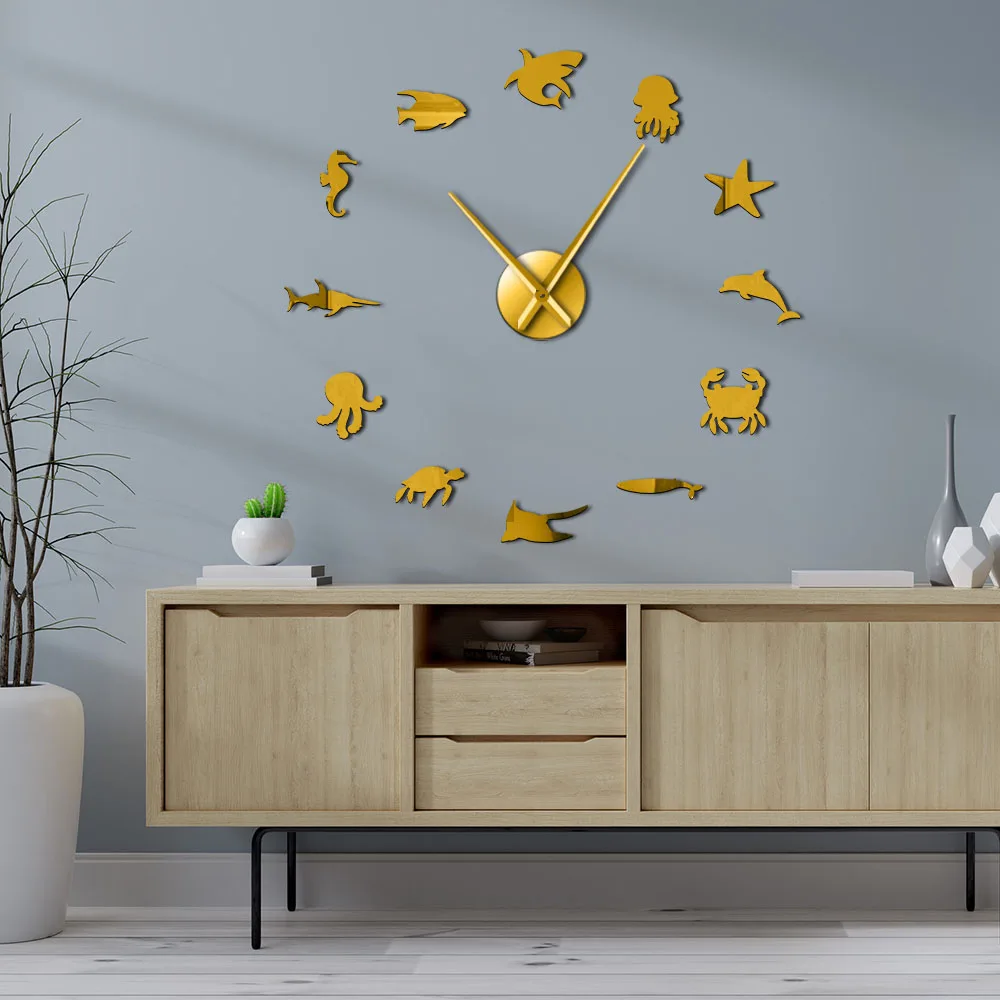 

Sea Creature Sealife Creative Self Adhesive 3D DIY Wall Clock Sea Horse Shark Starfish Quartz Acrylic Mirror Sticker Clock Watch