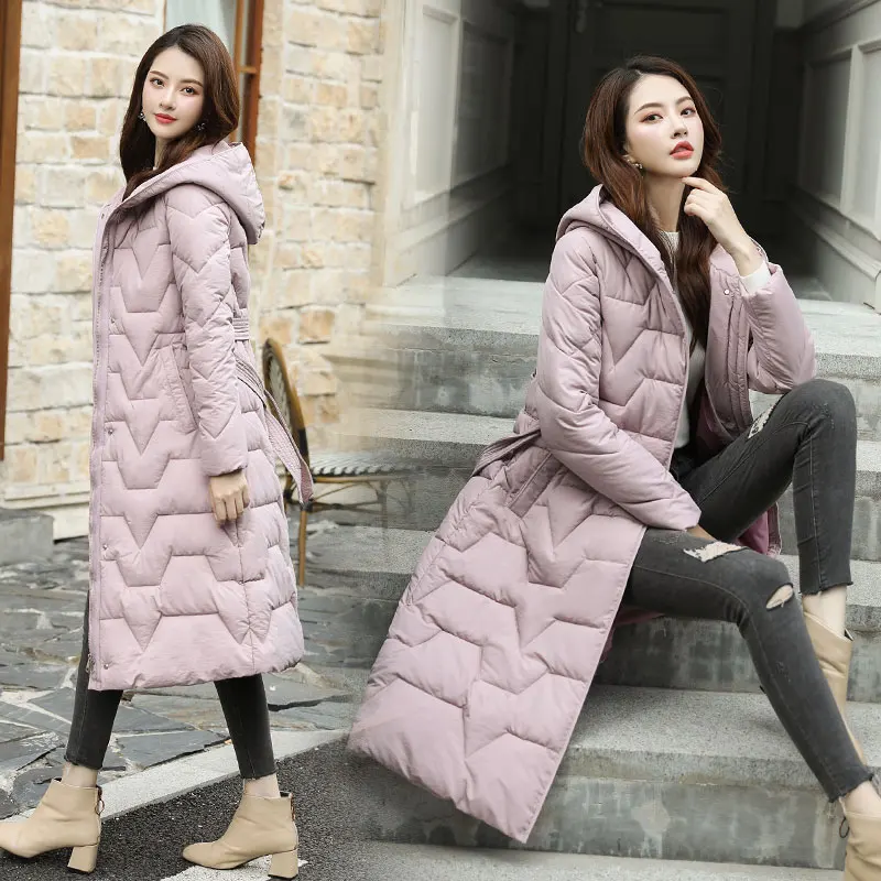 Высококачественный осенне-зимний жакет, женский пиджак, Длинная зимняя куртка с капюшоном, женские парки, зимняя куртка s и пальто с поясом - Цвет: Розовый