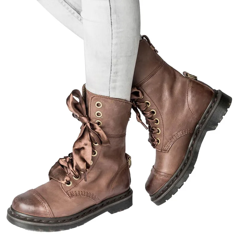 LOOZYKIT/женские ботинки; винтажные Женские ботинки в стиле ретро со шнуровкой в байкерском стиле; кожаные сапоги до середины икры на шнуровке; большие размеры 35-43 - Цвет: A brown