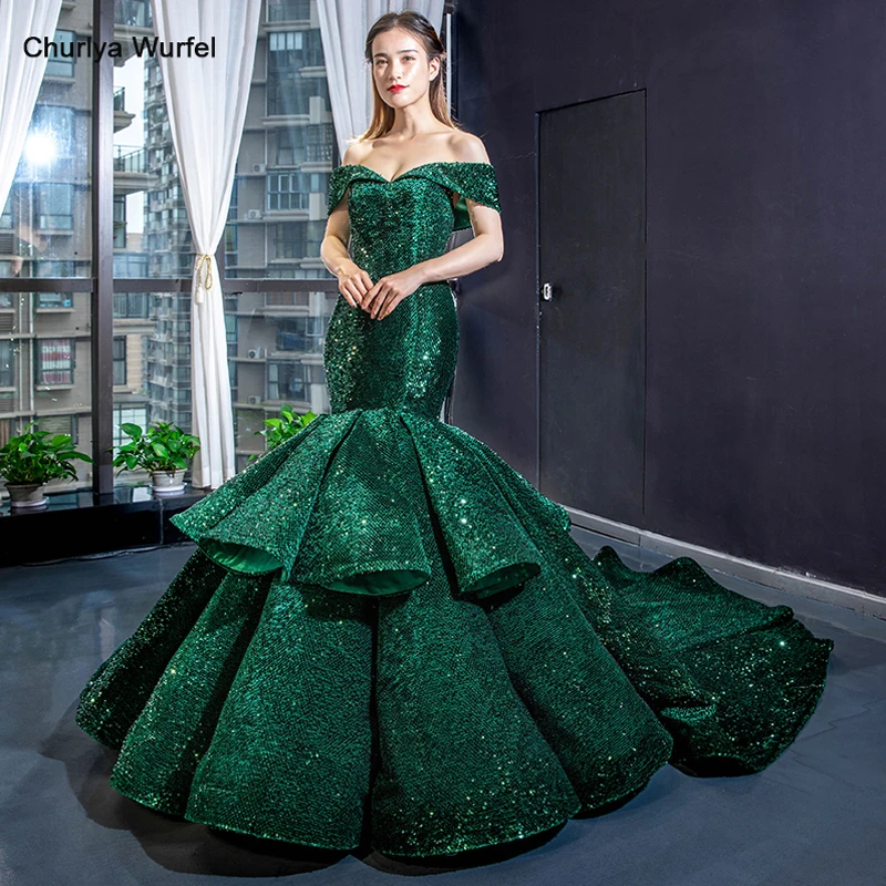 

RSM66886 mermaid evening dress off the shoulder lace up back court train green evening gowns for woman vestido de fiesta 2019