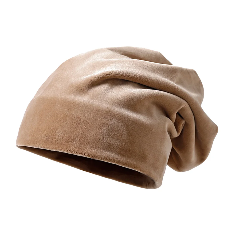 Khaki Мягкая теплая бархатная Шапка-бини для мужчин и женщин, однотонные кепки, мешковатая шапка - Цвет: Khaki