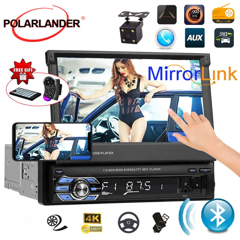 

Retractable 1 DIN Radio 7 INCH Auto Car Radio Cassette HD Touch Screen MP5 MP4 Player Video support USB/SD/TF/AUX Mirror Link