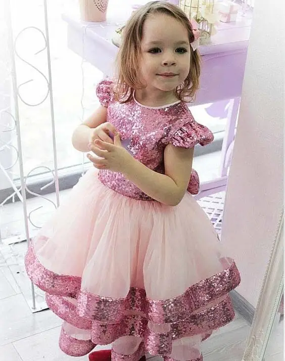 same as picture Новое платье для маленьких девочек многослойное фатиновое платье с цветочным рисунком для девочек, с розовыми блестками, с бантом, с рукавами-крылышками, с длинными рукавами, для дня рождения, одежда, Vestidos - Цвет: same as picture