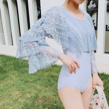 

High Waist Swimsuit One-Piece Swimsuits Retro Ladies One Piece Closed 1 Women Korean 2020 New Sexy Lace Trumpet Long Sleeve