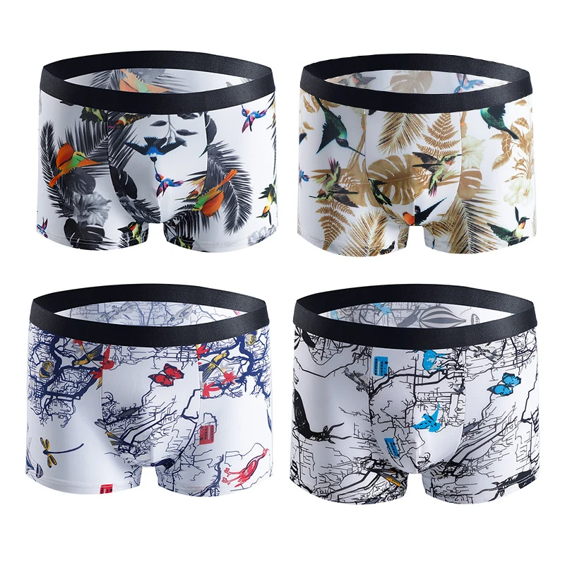 Men's Underwear 4XL Ice Silk Soft Comfortable Undies Breathable Printing Fashion Man Boxer Briefs Men Underpants 4XL