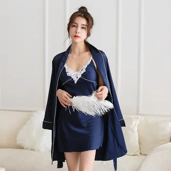 

Navy Blue 2PCS Robe Set Female Satin Long Sleeve Sleepwear Nightgown Turn-down Collar Lounge Kimono Gown Sexy Intimate Lingerie