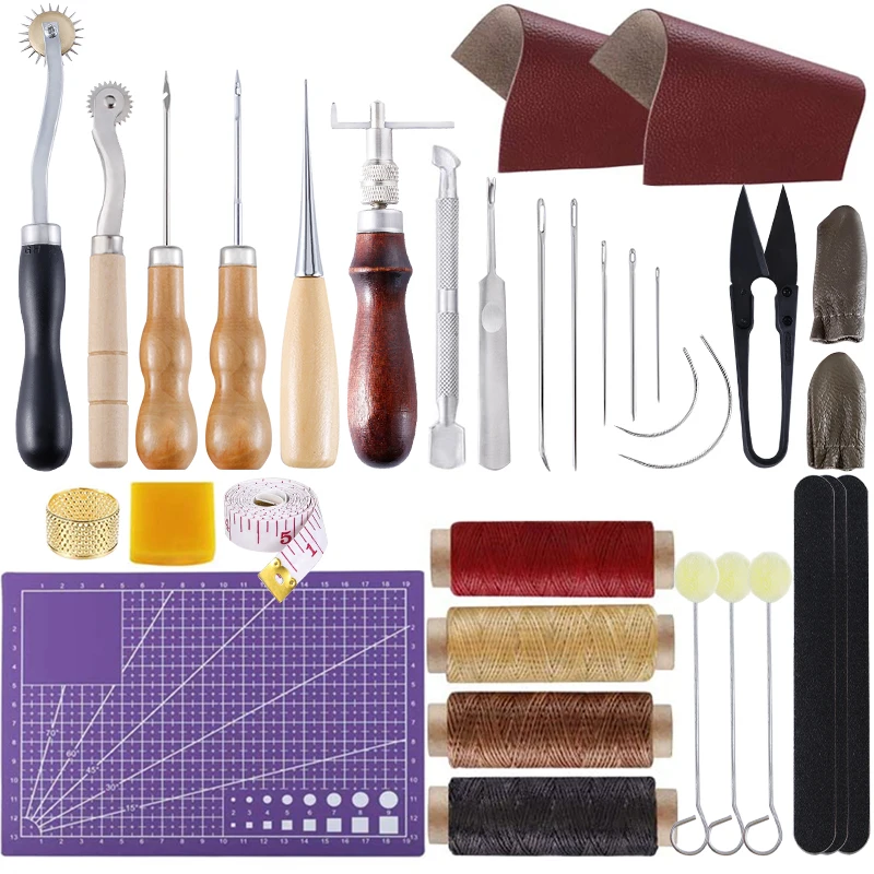 

LMDZ Versatile Leather Repair Purse Kit 34 PCS Leather Working Supplies Leather Making Tool Kit with Awl Waxed Thread Groover