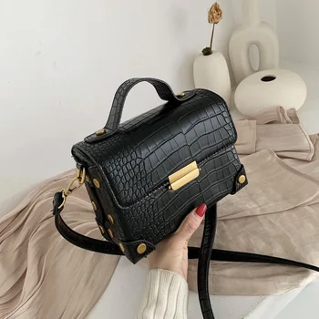 

Burminsa Vintage Crocodile Pattern Box Crossbody Bags For Women Lock Design Small Female Shoulder Bags Rivet Ladies Handbags