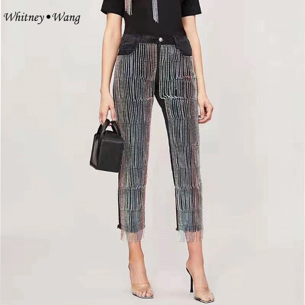 WHITNEY WANG осенние модные уличные яркие цвета бриллианты джинсы c бахромой женские джинсовые брюки с высокой талией Большие размеры 4XL