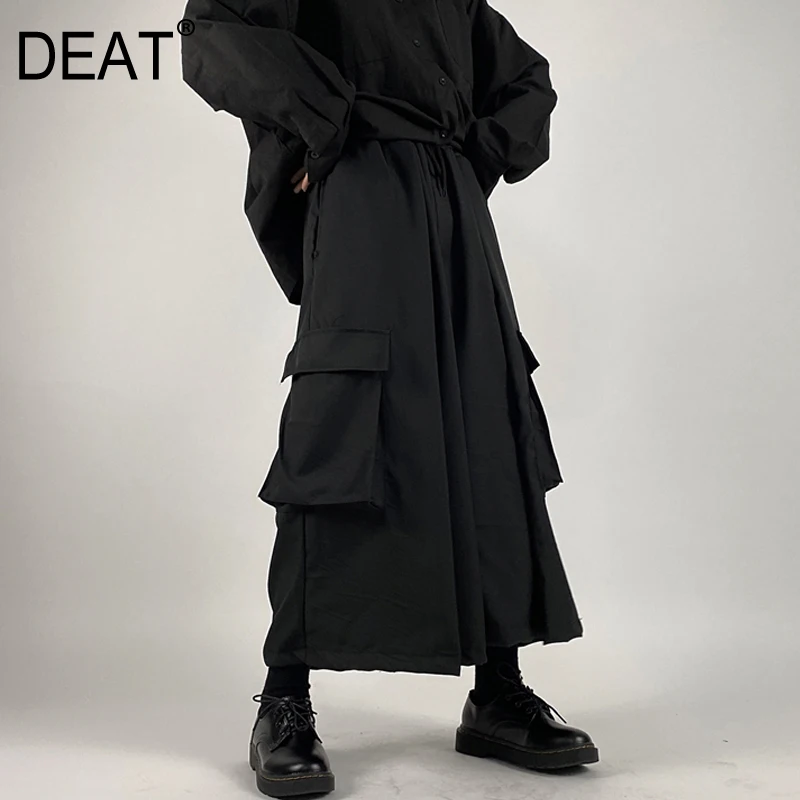 

[DEAT] High Elastic Waist Black Big Pocket Trousers New Loose Fit Wide Leg Pants Women Fashion Tide Spring Autumn 2020 13F108