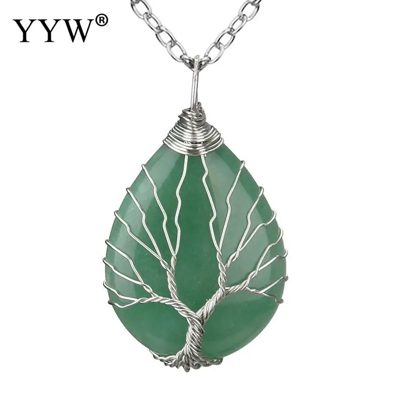 green aventurine Ожерелье из натурального камня, драгоценный камень, капля воды, панданты, серебряный цвет, золотой камень, бирюза, морской опал, тигровый глаз, женская бижутерия - Окраска металла: green aventurine