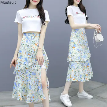 

Summer 2 Piece Set For Women Elegant Crop Tops Letters T-shirt + Printed Irregular Split Dress Sets Outfit Korean 2020 Tracksuit