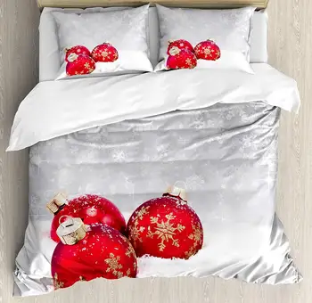 

Christmas Duvet Cover Set Xmas Baubles on Snow with Snowflakes Ice Holiday Humanitarian Artwork Illustration Decorative 3 Piece