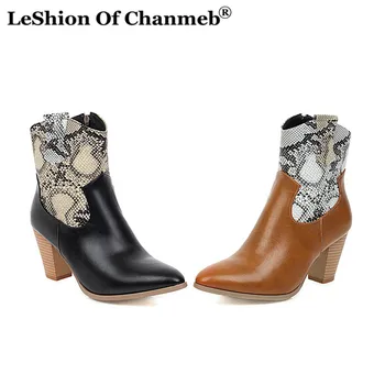 

Larger Size 47 Popular Snake Printing Black Zipper ankle Boots for Women Block Heels mixed colors Short Boots Western Boots