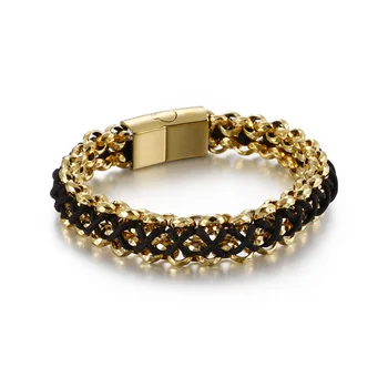 

Fashion Men Curb Chain Silver Color Gold Titanium Steel Hand knitted Black Rope chain Twist Bracelets Pulseras Jewelry