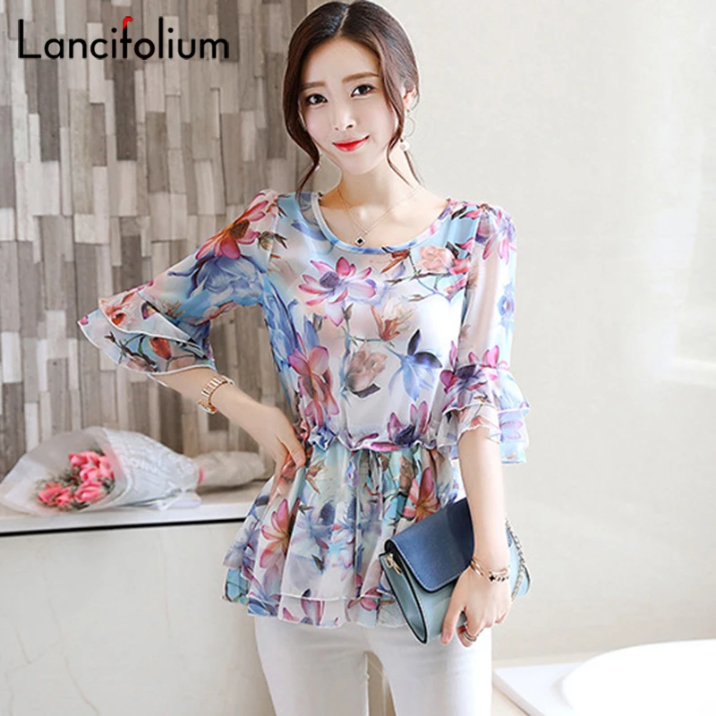 Floral Chiffon Blouse Women Summer Korean Ruffle Peplum Top Ladies 2020 Elegant Plus Size Office Shirt Female Camisas Femininas 5