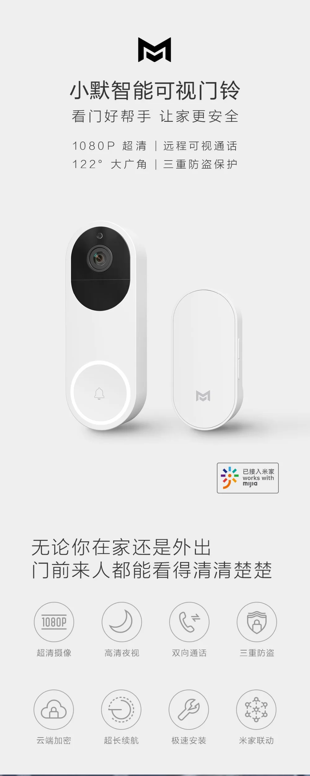 Xiaomi Mijia Youpin Xiaomo Интеллектуальный видео дверной звонок 1080P ультра чистый AI распознавание лица дистанционный Видеозвонок домашний