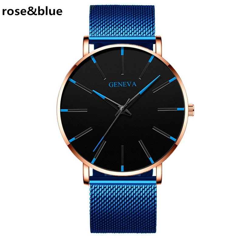 Uhren Herren Geneva модные мужские часы синие часы с ремешком-сеткой классические роскошные кварцевые наручные часы спортивные часы Relogio Masculino - Цвет: M rose blue