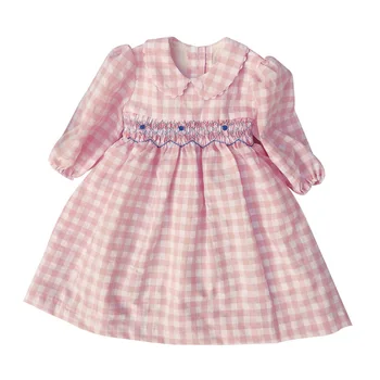 

New Summer Kids Plaid Pink Green Black Peter Pan Collar Full Sleeve Handmade Smock Belt Bowknot Girls 1-5yrs Princess Dresses
