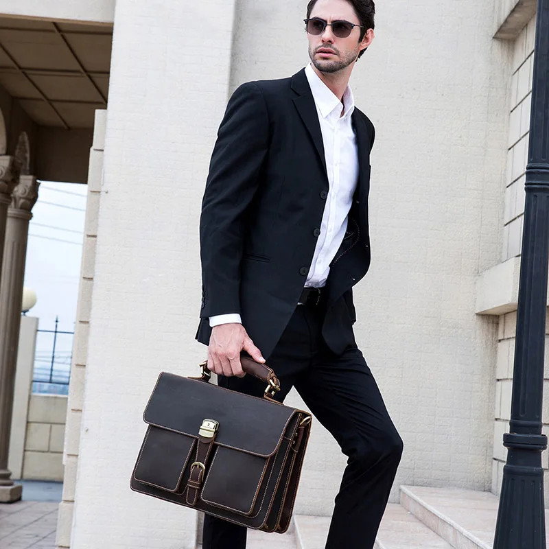 Dark Brown Unisex Large Leather Travel Laptop Bags Briefcase