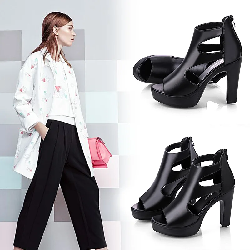 

Women Sandals Black Sexy Concise Elegant High-heeled shoes High Heel Back Zipper Platform High Heels women Peep Toe shoesU23-16